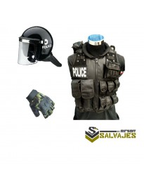 oferta PACK Casco antidisturbios+chaleco policia M BK(sin parche pequeño)+ guante medio dedo woodland