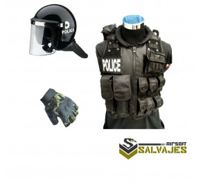 oferta PACK Casco antidisturbios+chaleco policia M BK(sin parche pequeño)+ guante medio dedo woodland